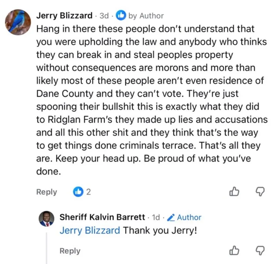 Screenshot from Sheriff Kalvin Barrett's official Facebook page. Jerry Blizzard comments that the rescuers "made up lies," calling them "morons" and "criminals"; the comment carries a "liked by Author" badge. Sheriff Kalvin Barrett's account replies: "Jerry Blizzard Thank you Jerry!"
